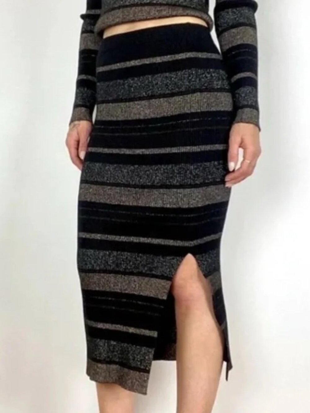 House of Harlow 1960 Knit Pencil Skirt Women's S Black Metallic Stripe Stretch